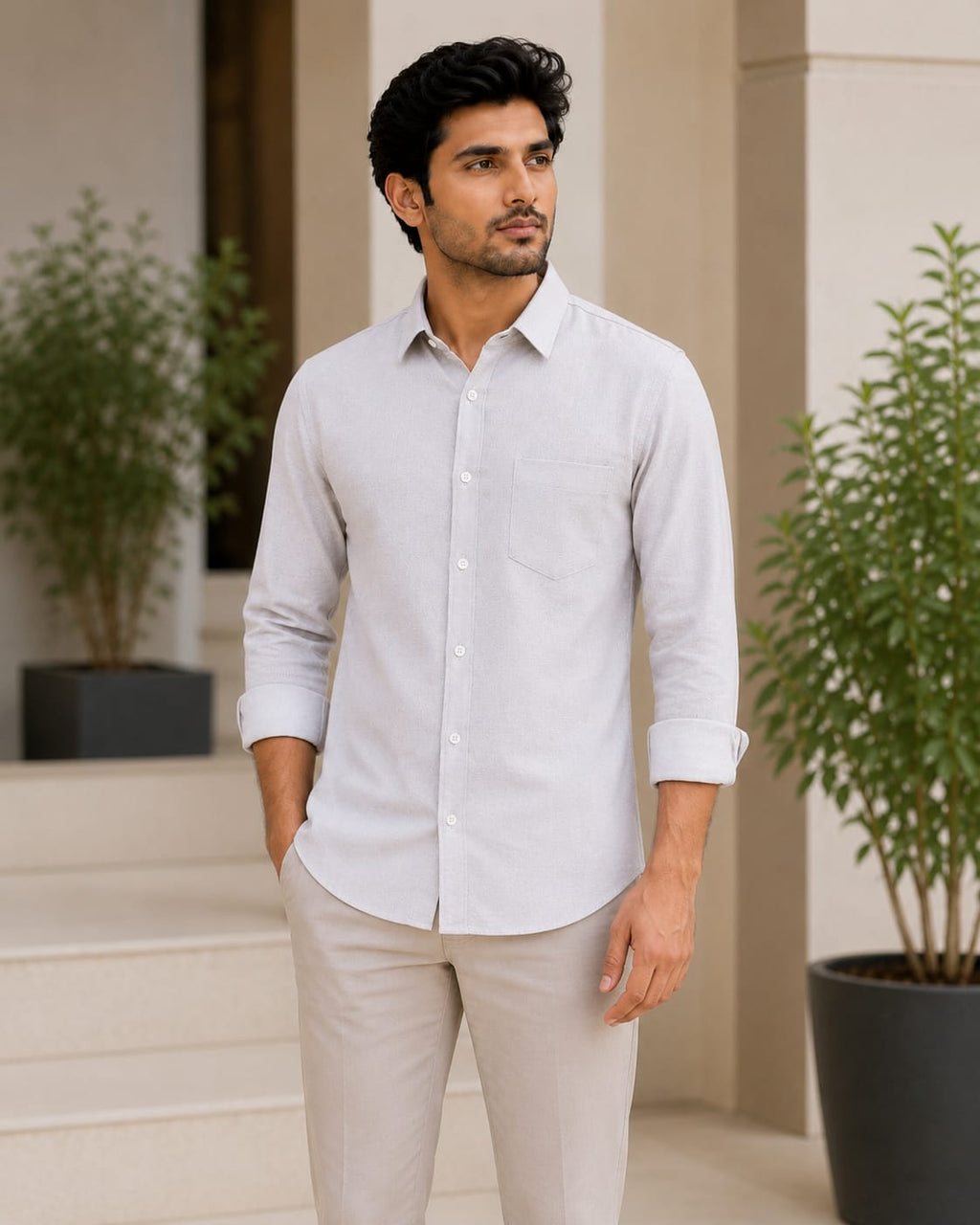 REGULAR COLLAR PLAIN SHIRT WITH SINGLE POCKET