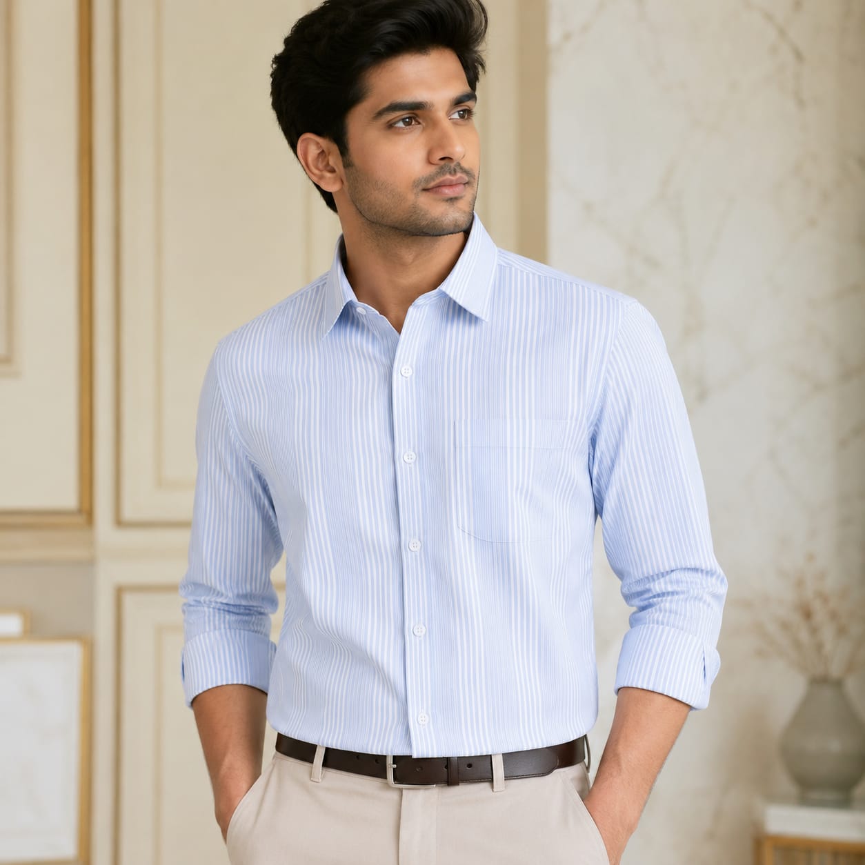 REGULAR COLLAR PLAIN SHIRT WITH SINGLE POCKET
