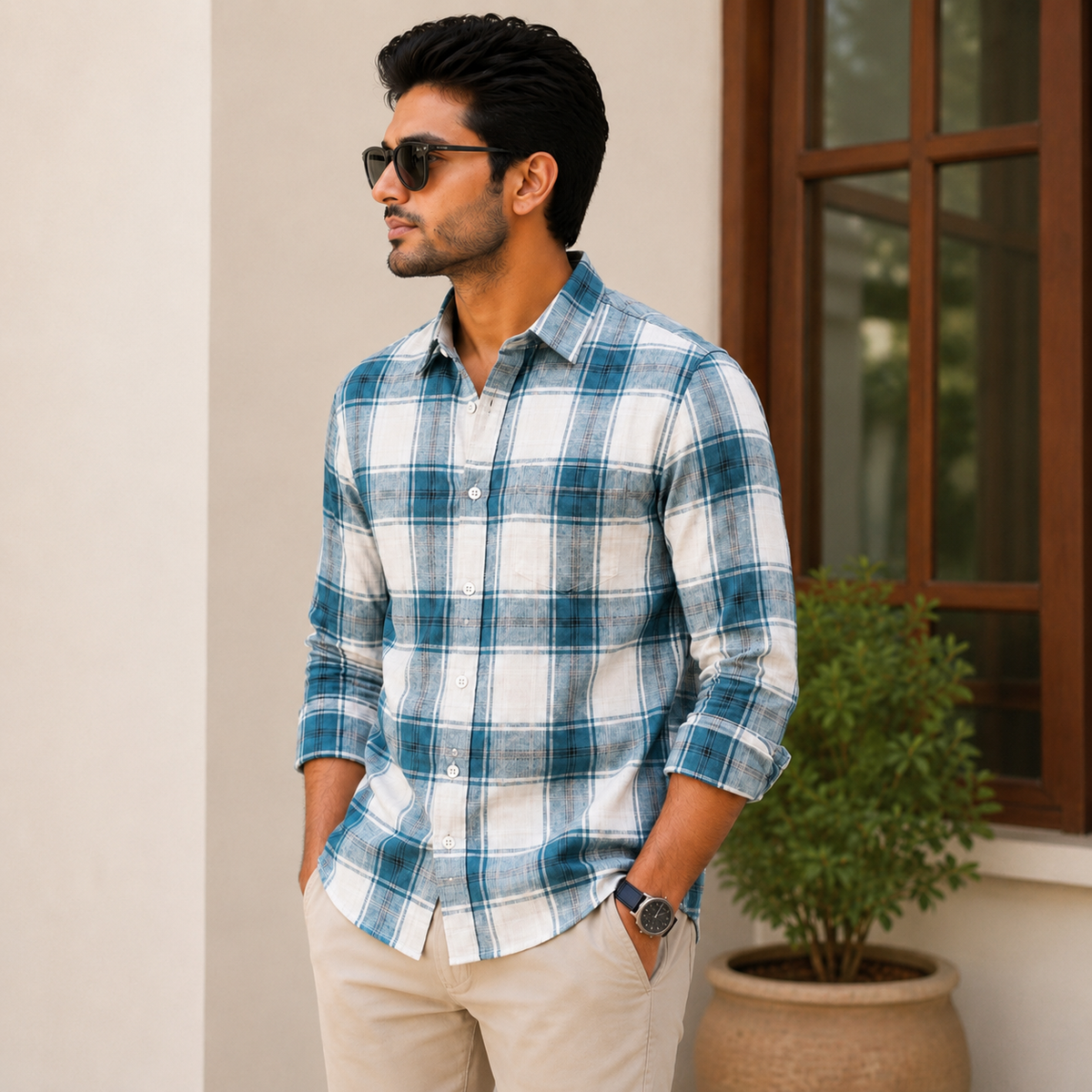 REGULAR COLLAR CHECK SHIRT WITH SINGLE POCKET