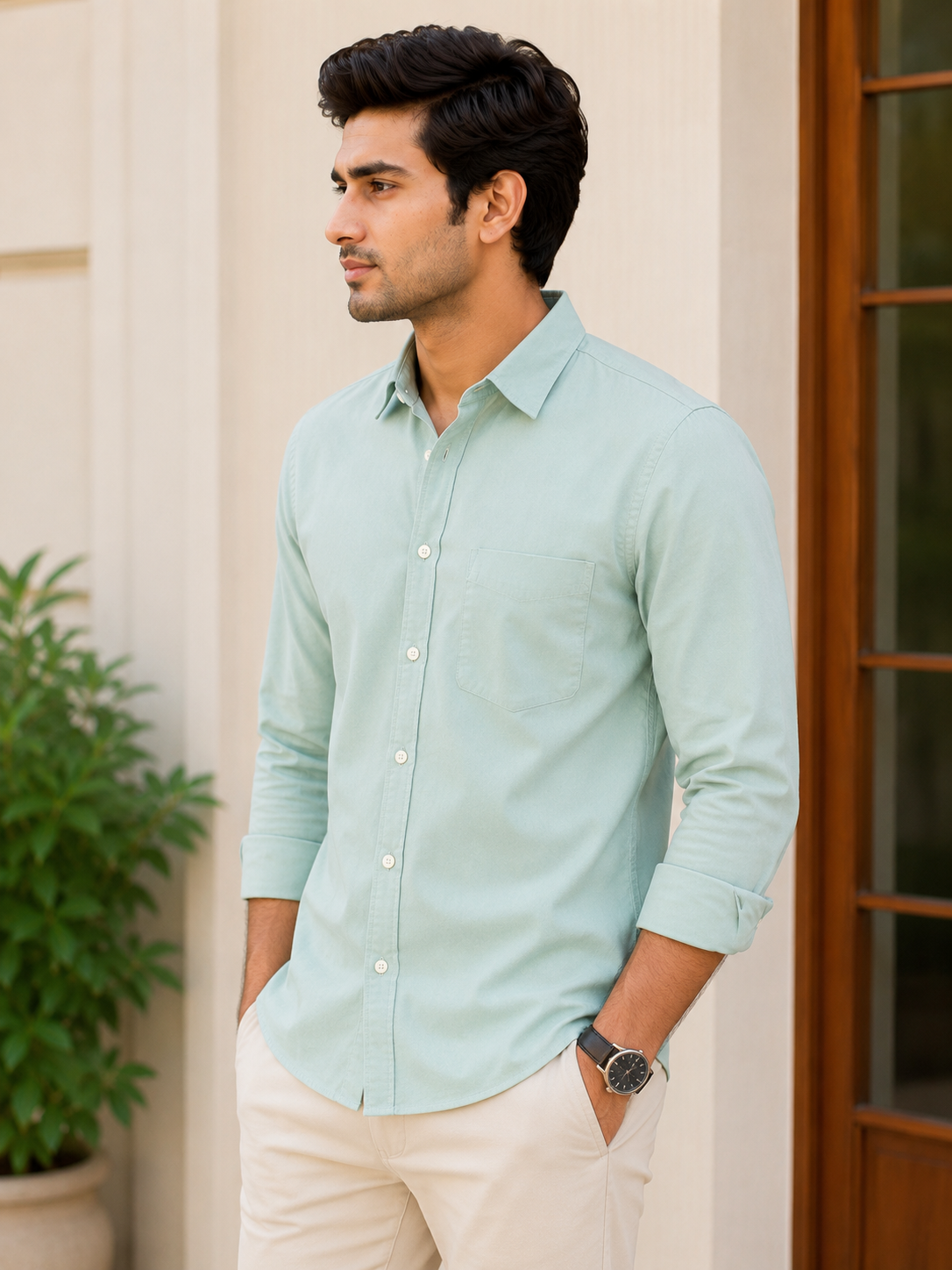 CHINOS COLLAR PLAIN SHIRT WITH SINGLE POCKET