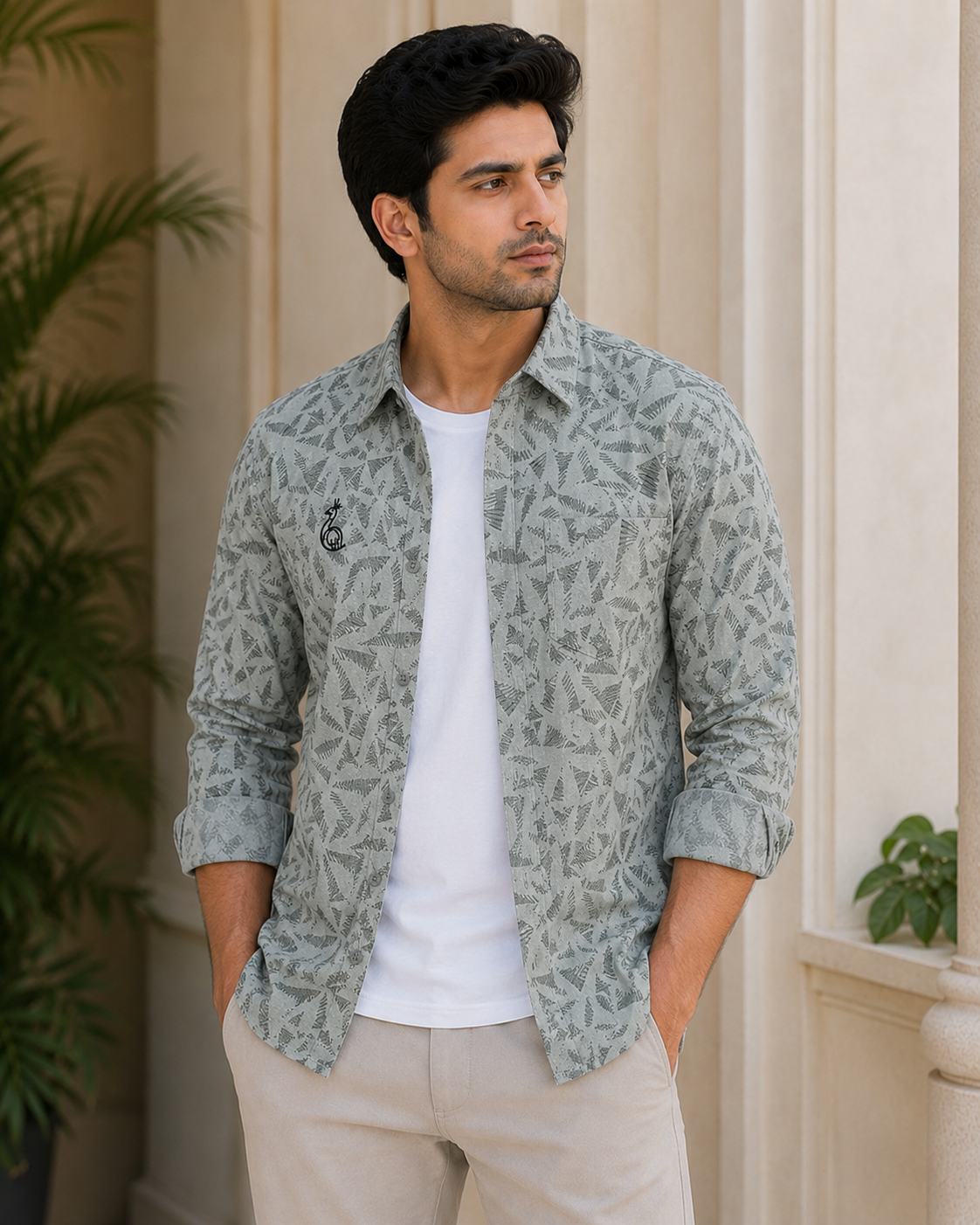 CHINOS COLLAR PRINTED SHIRT WITH SINGLE POCKET
