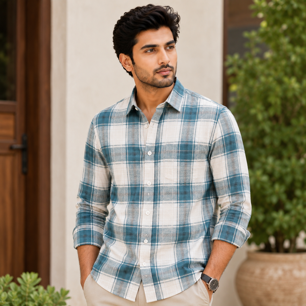 REGULAR COLLAR CHECK SHIRT WITH SINGLE POCKET