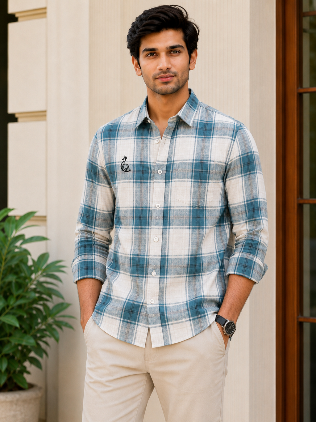 REGULAR COLLAR CHECK SHIRT WITH SINGLE POCKET