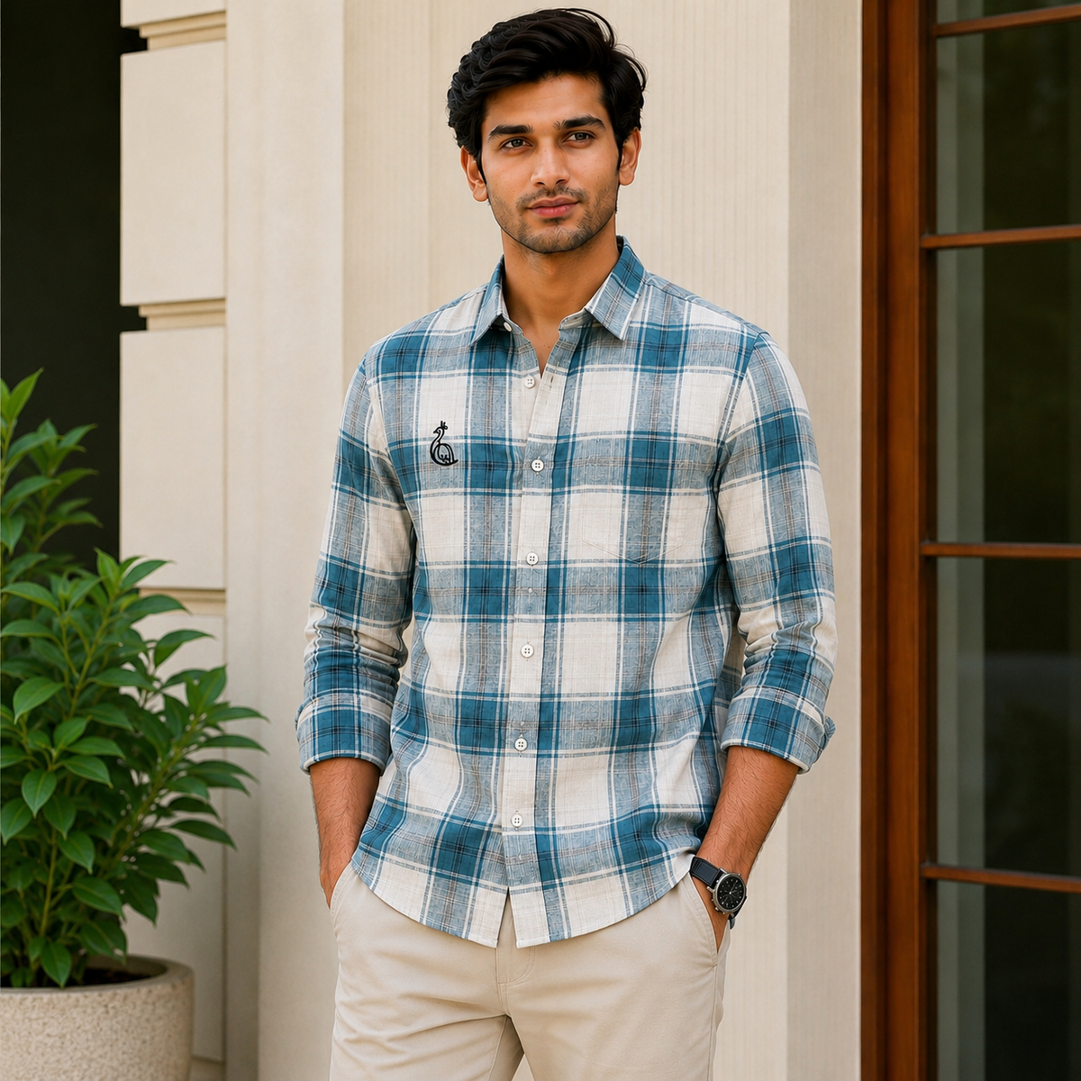 REGULAR COLLAR CHECK SHIRT WITH SINGLE POCKET