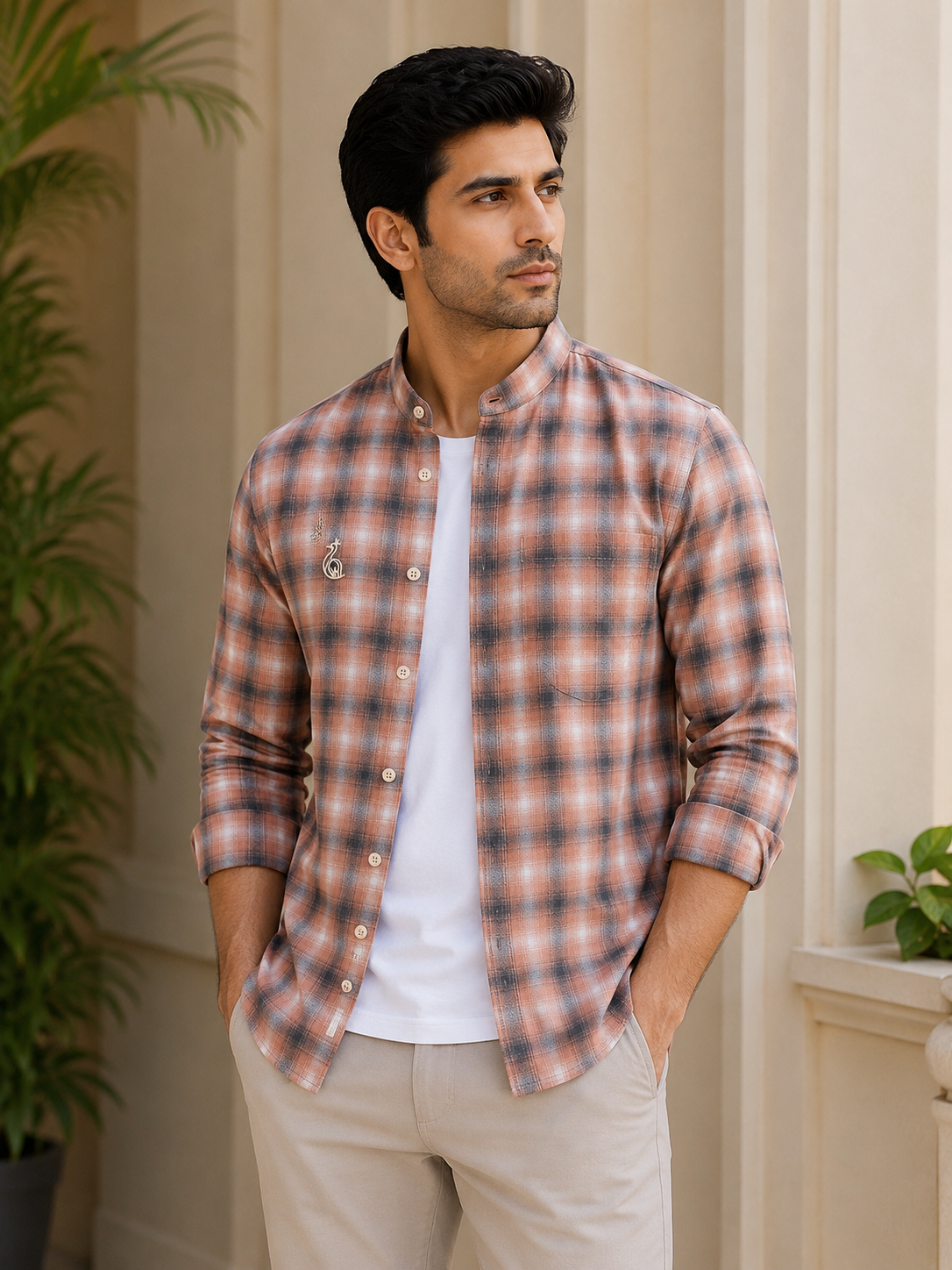 CHINOS COLLAR CHECK SHIRT WITH SINGLE POCKET