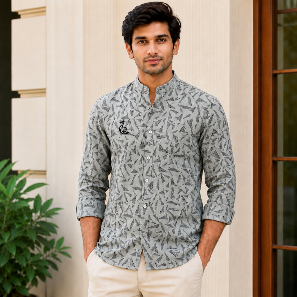 CHINOS COLLAR PRINTED SHIRT WITH SINGLE POCKET