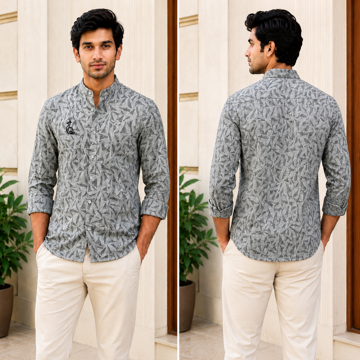 CHINOS COLLAR PRINTED SHIRT WITH SINGLE POCKET