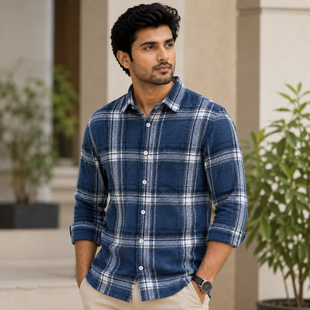 REGULAR COLLAR CHECK SHIRT WITH SINGLE POCKET