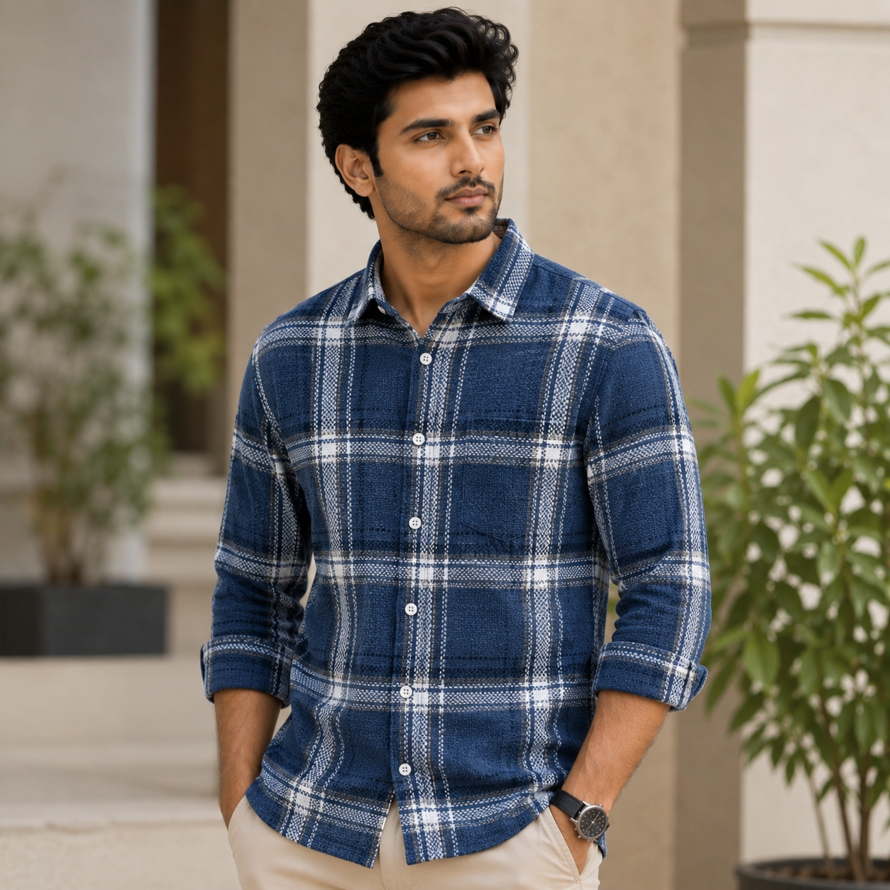REGULAR COLLAR CHECK SHIRT WITH SINGLE POCKET
