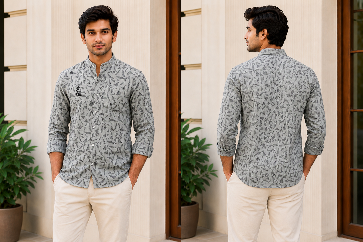 CHINOS COLLAR PRINTED SHIRT WITH SINGLE POCKET