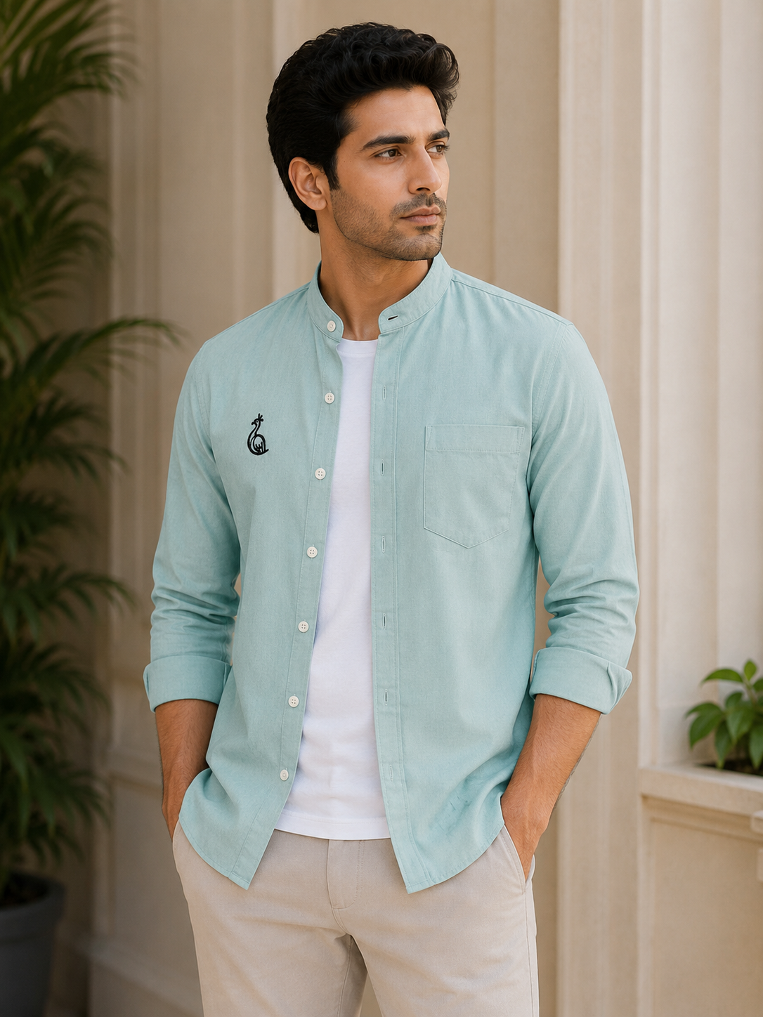 CHINOS COLLAR PLAIN SHIRT WITH SINGLE POCKET
